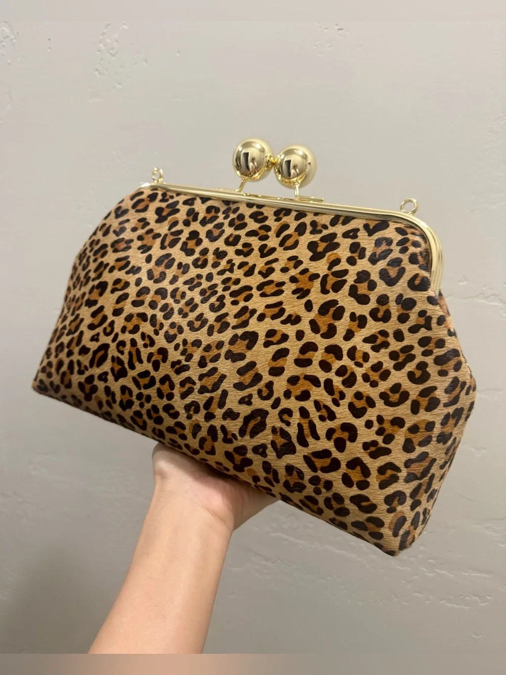 Leopard Print Hair-on Cowhide Handmade Custom Kisslock Frame Bag, & 2 Straps